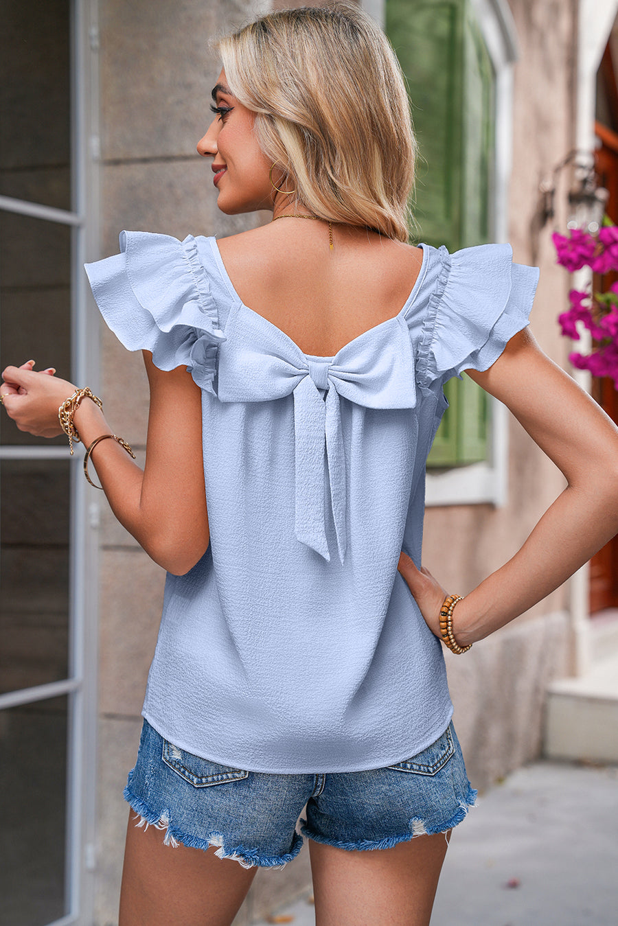 Textured Bow Frilled Ruffle Sleeve Blouse- Light Blue