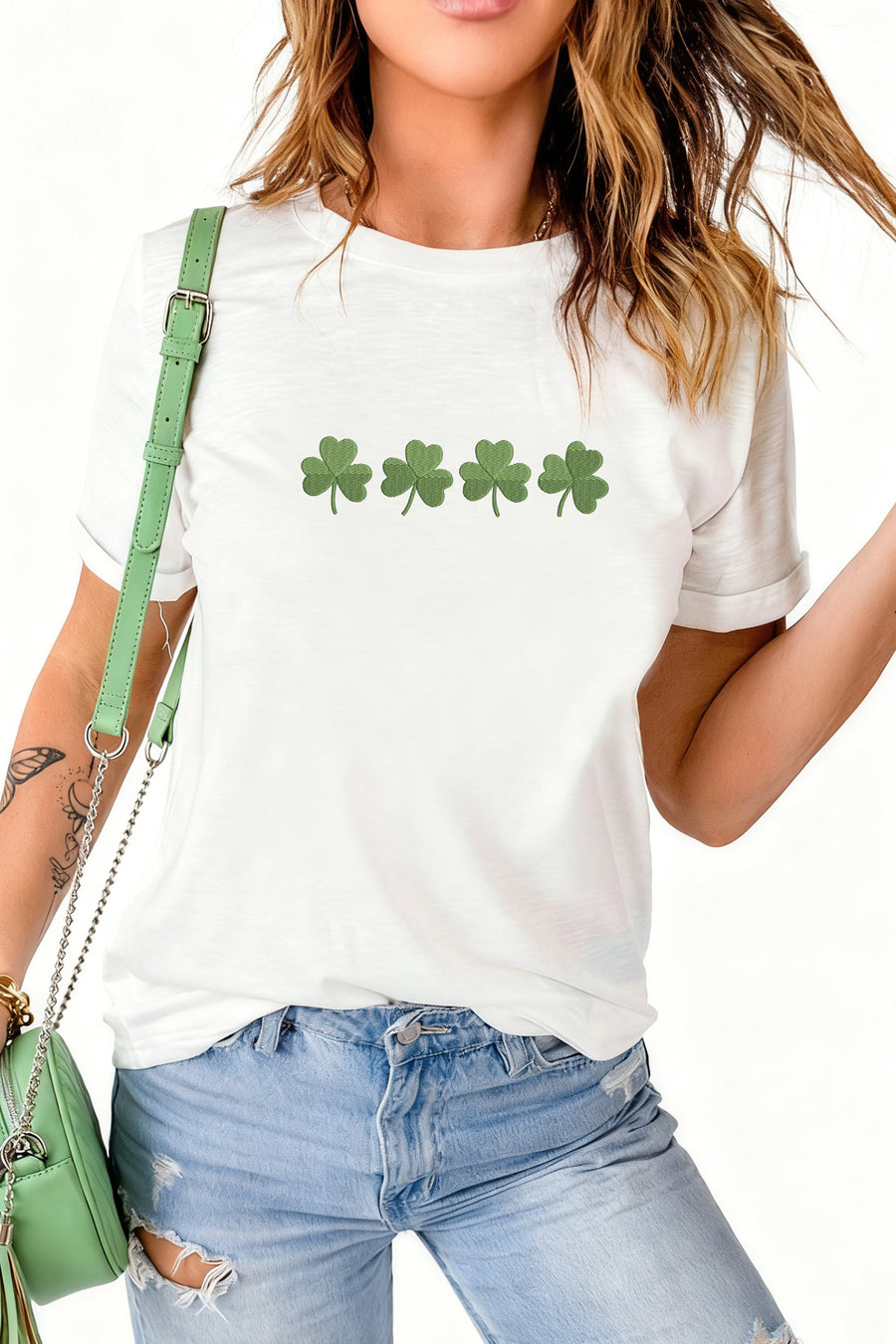 White Embroidered Clovers Graphic T-Shirt