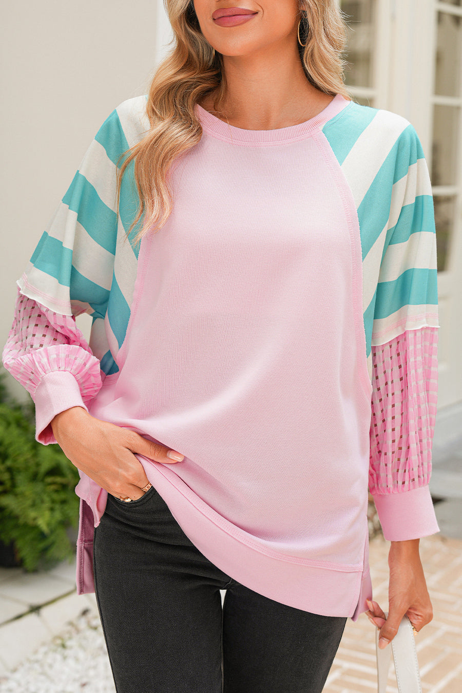 Light Pink Striped Color Block Patchwork Raglan Sleeve Top