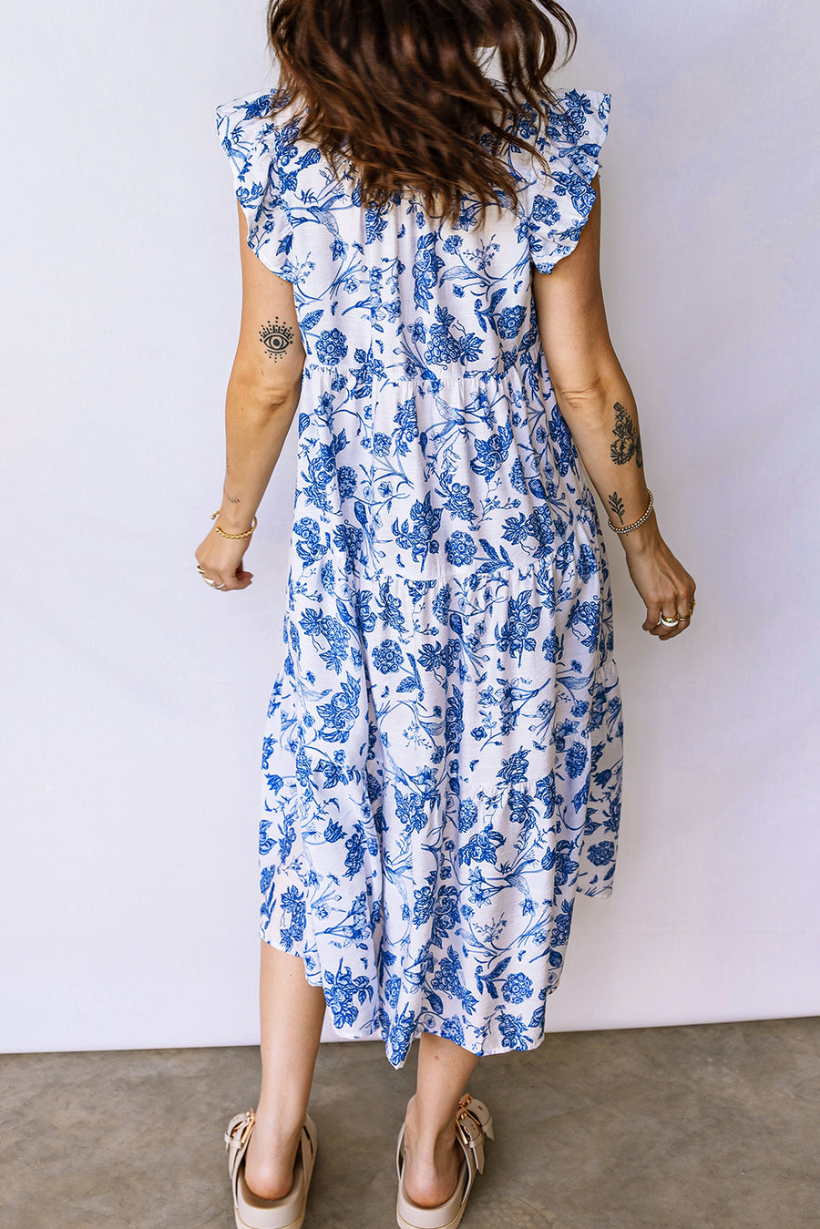 Blue Floral Ruffled Short Sleeve Tiered Midi Dress