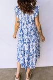 Blue Floral Ruffled Short Sleeve Tiered Midi Dress