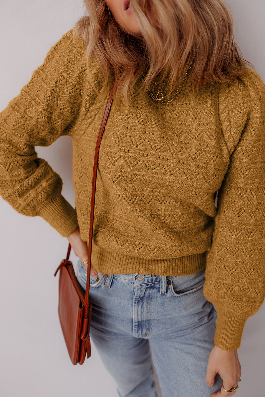 Jurassic Gold Crochet Balloon Sleeve Sweater