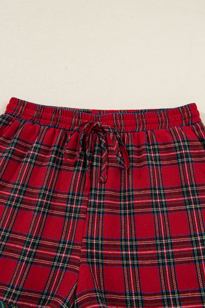 Red Plaid Contrast Color Christmas Holiday Long Sleeve Shirt and Shorts Pajama Set