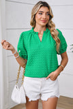 Bright Green Textured Puff Sleeve Frilled & Notched V-Neck Blouse