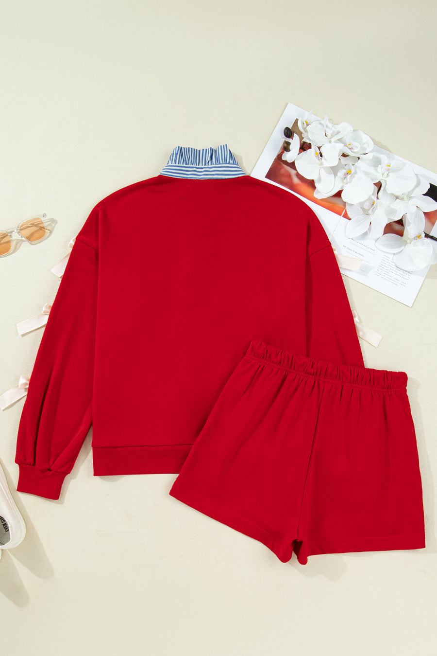 Red Striped Collar Bow Sleeve Sweatshirt and Shorts Set
