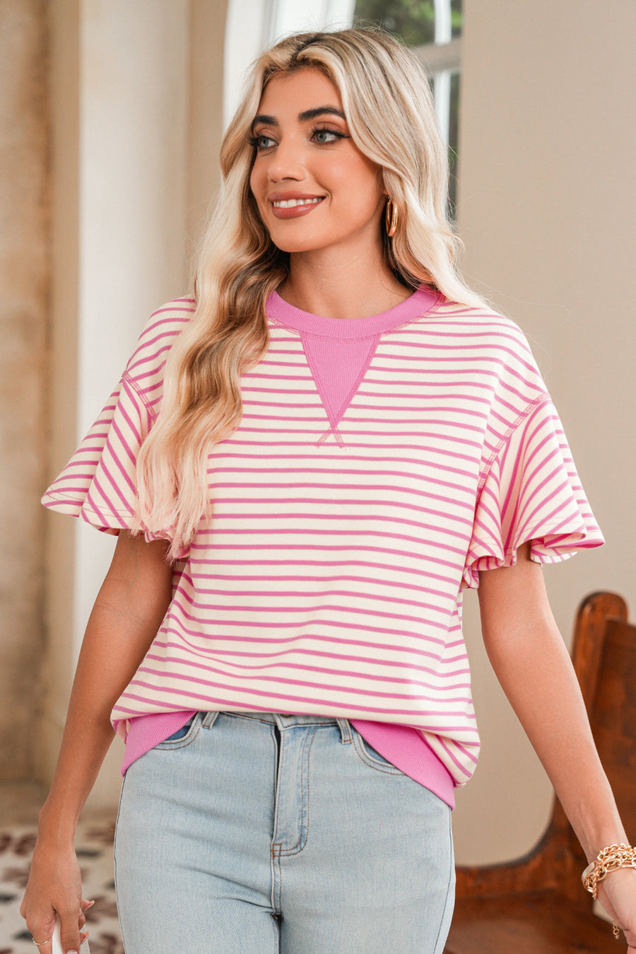 Striped Ruffle Sleeve Crew Neck T-Shirt- 3 Colors