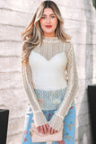 Light Pink Flounced Long Sleeve Mock Neck Sheer Lace Top
