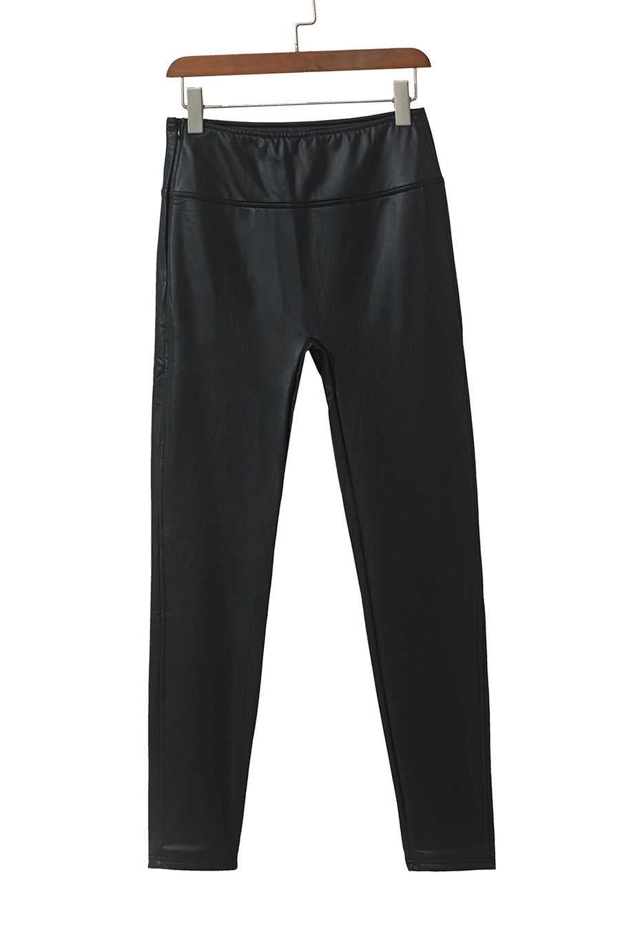 Black Piping Trim Sleek Faux Leather High Waist Leggings