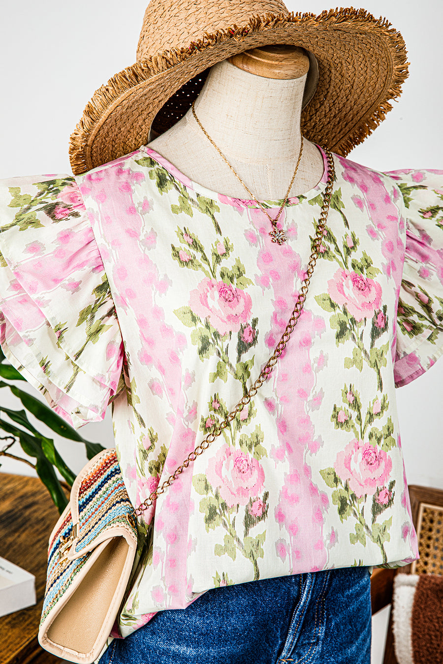 Pink Rose Layered Ruffle Short Sleeve Blouse