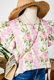 Pink Rose Layered Ruffle Short Sleeve Blouse