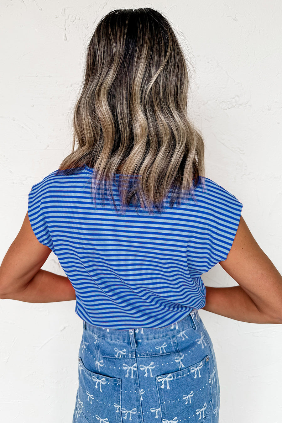 Striped Ribbed Cap Sleeve Crew Neck T-Shirt- 2 Colors
