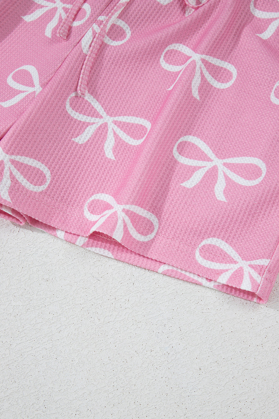 Pink Waffle Knit Bow Print Notched T-Shirt And Shorts Set