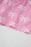 Pink Waffle Knit Bow Print Notched T-Shirt And Shorts Set