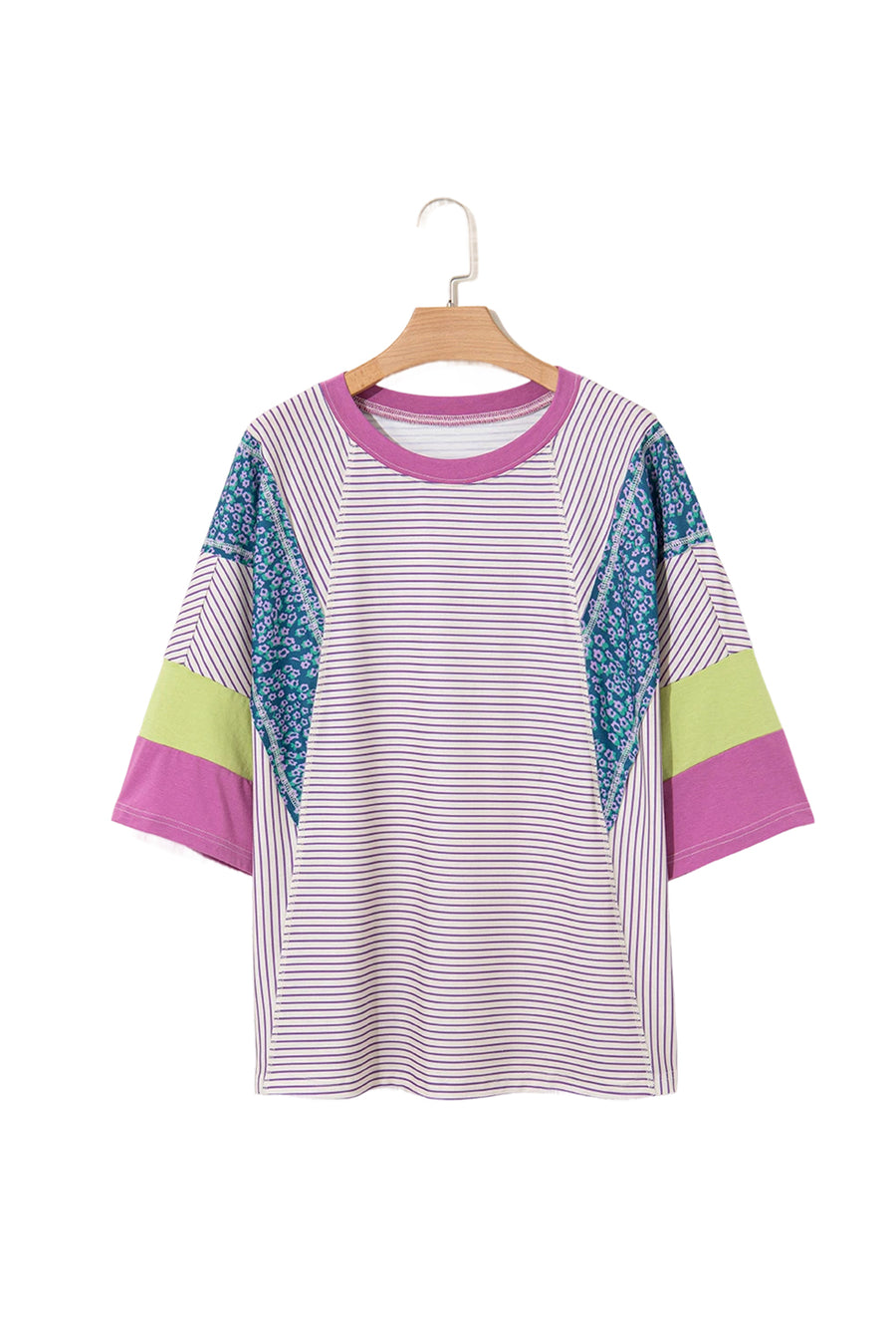 Purple Stripe Floral Color Block Patchwork Stitching Edge T-Shirt