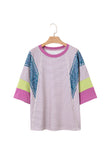 Purple Stripe Floral Color Block Patchwork Stitching Edge T-Shirt