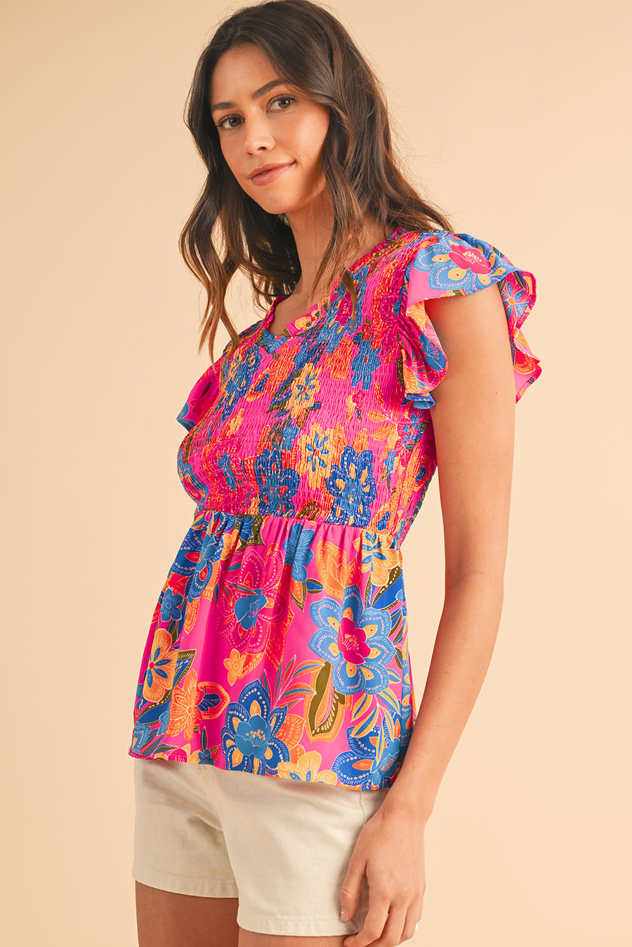 Neon Pink Floral Frill V-Neck Smocked Peplum Blouse
