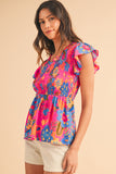 Neon Pink Floral Frill V-Neck Smocked Peplum Blouse