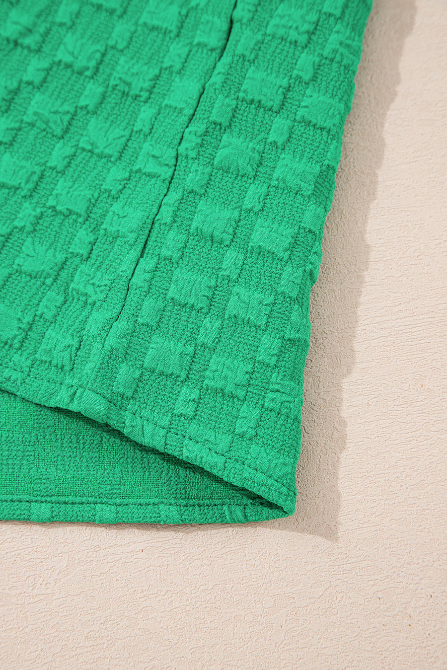 Bright Green Textured Puff Sleeve Frilled & Notched V-Neck Blouse