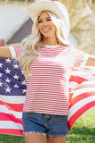 Red Striped Contrast Trim Crew Neck Short Puff Sleeve T-Shirt