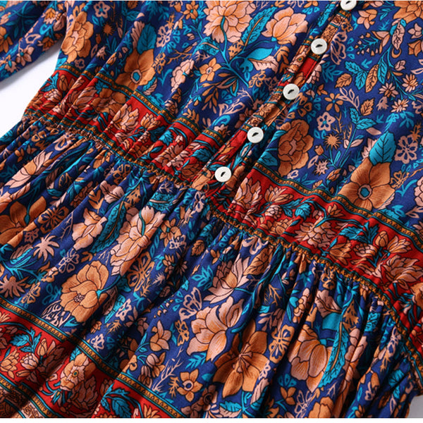 Women's V-Neck Bohemian Floral Print Long Sleeve Mini Dress- 2 Colors