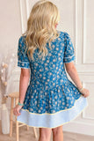 Blue Floral Striped Frill Neck Button-Up Short Sleeve Mini Dress