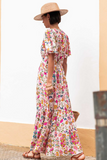 Multicolored Floral Short Sleeve V-Neck High Waist Maxi Dress