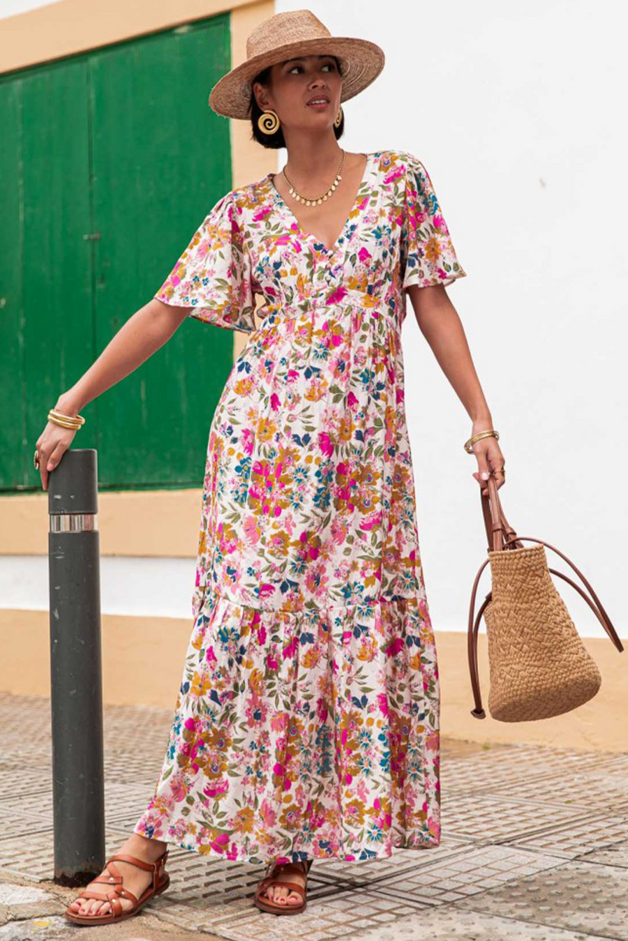 Multicolored Floral Short Sleeve V-Neck High Waist Maxi Dress
