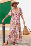 Multicolored Floral Short Sleeve V-Neck High Waist Maxi Dress