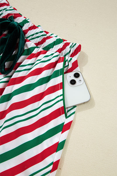 Green Striped Piping Trim Velvet Ribbon Knot Christmas Pajama Set