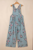 Floral Print Pleated High-Waist Wide Leg Denim Overalls- 3 Colors