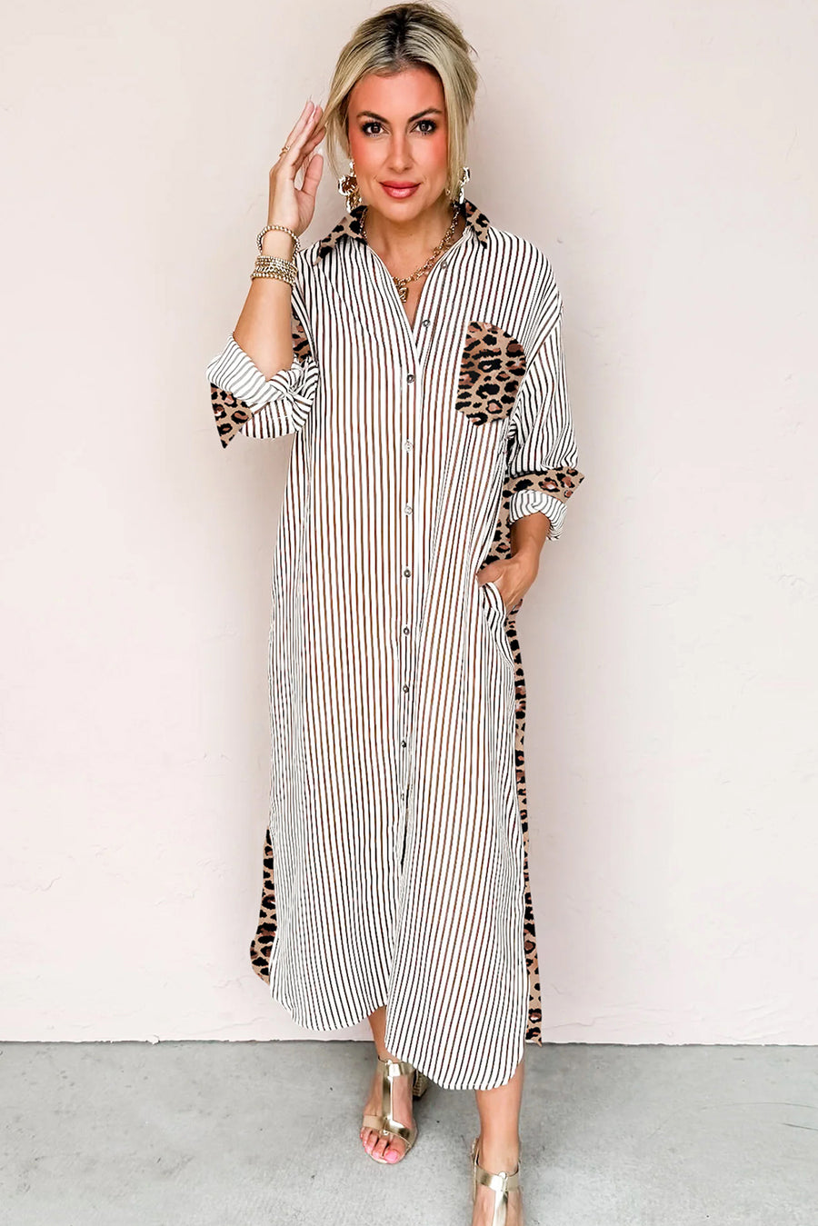 Striped Contrast Trim Leopard Patchwork Long Sleeve Midi Shirt Dress- 2 Colors