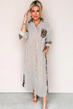 Striped Contrast Trim Leopard Patchwork Long Sleeve Midi Shirt Dress- 2 Colors