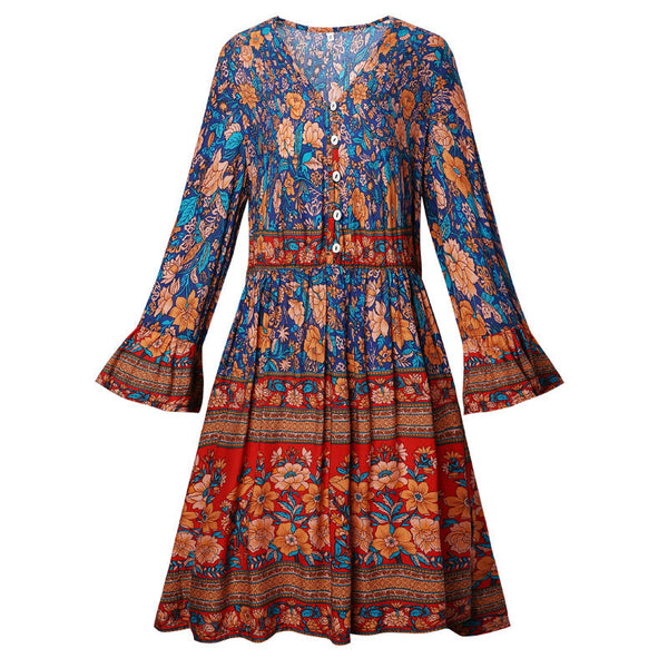 Women's V-Neck Bohemian Floral Print Long Sleeve Mini Dress- 2 Colors