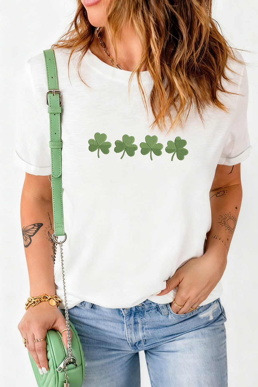 White Embroidered Clovers Graphic T-Shirt
