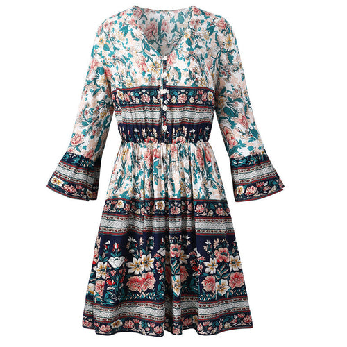 Women's V-Neck Bohemian Floral Print Long Sleeve Mini Dress- 2 Colors