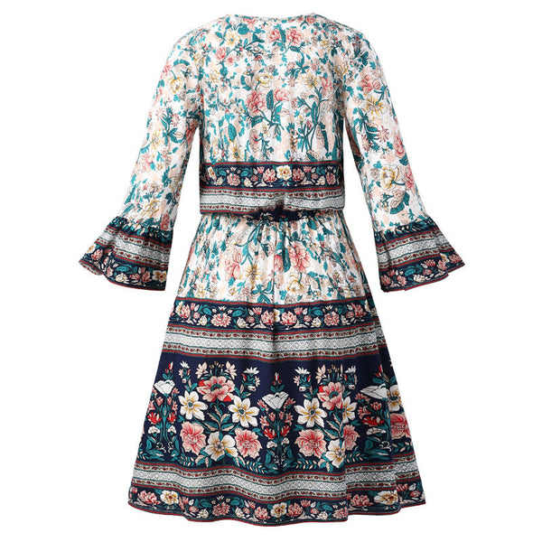 Women's V-Neck Bohemian Floral Print Long Sleeve Mini Dress- 2 Colors