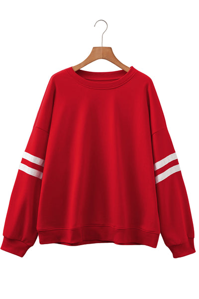 Fiery Red Varsity Striped Detail Plus Size Round Neck Sweatshirt