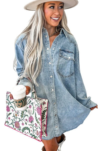 Beau Blue Chest Pocket Raw Hem Denim Loose Shirt Dress