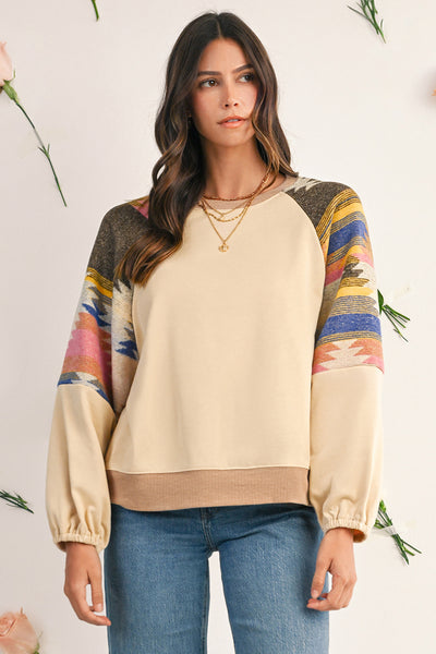 Light French Beige Geometric Patchwork Raglan Sleeve Pullover Sweatshirt