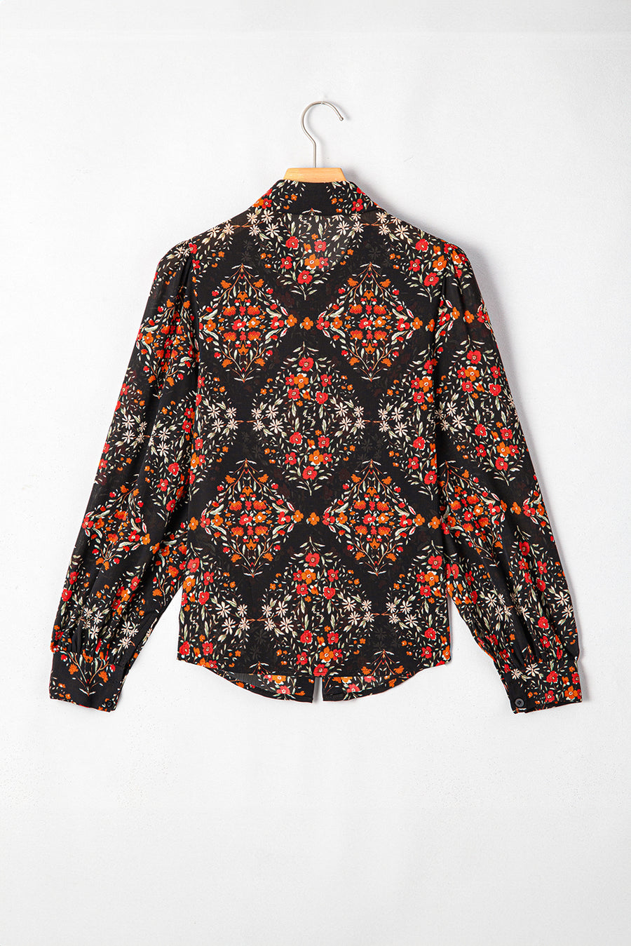 Black Floral Collared Button-Up Lantern Sleeve Blouse