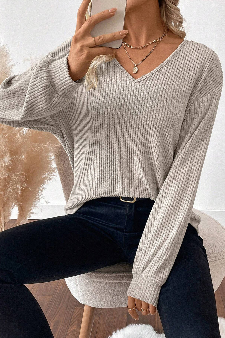 Leopard Print V-Neck Bow Back Ribbed Long Sleeve Sweater- 2 Colors