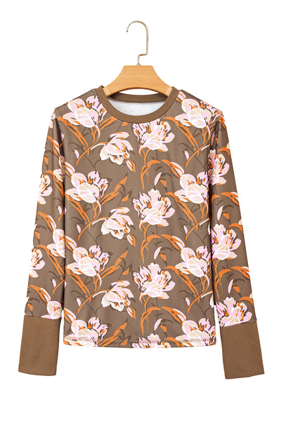 Brown Floral Print Waffle Textured Long Sleeve Top