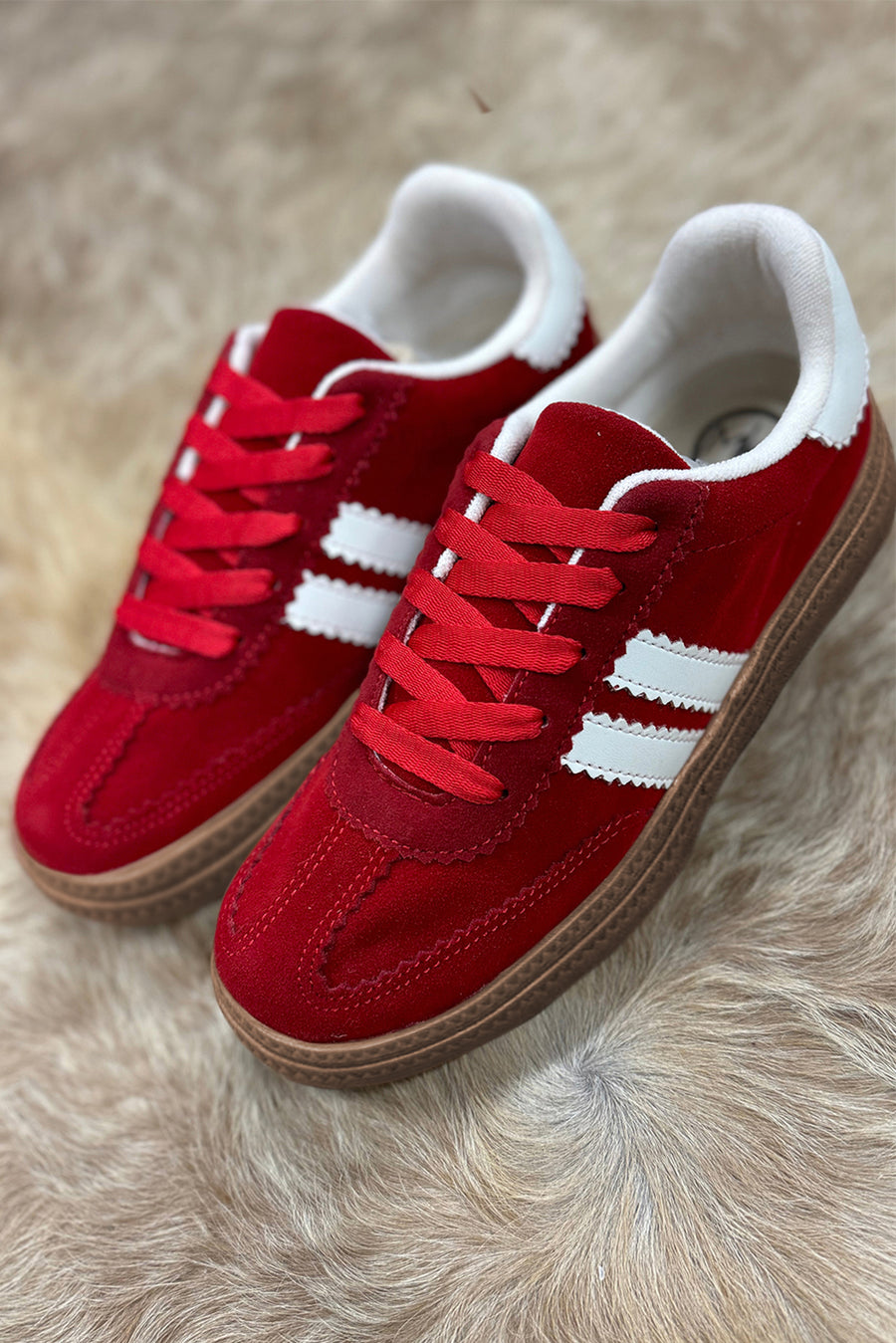 Fiery Red Vintage Striped Suede Patchwork Lace-Up Sneakers