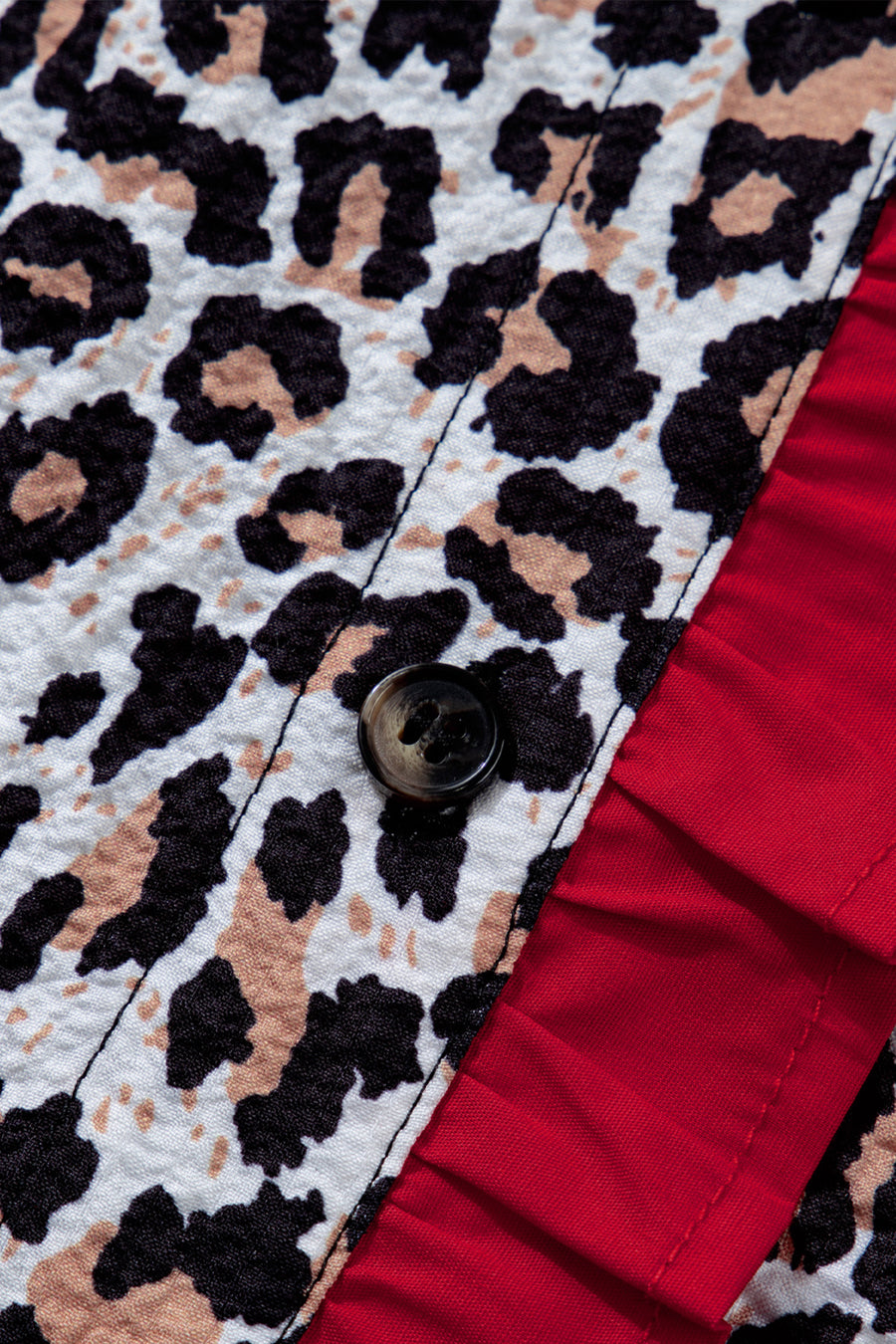 Leopard Print Contrast Frilled V-Neck Button-Up Blouse