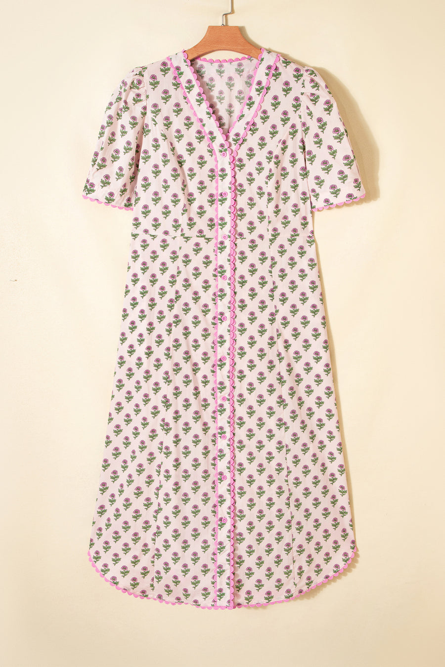 Pink Floral Print V-Neck Scallop Trim Button-Up Short Sleeve Maxi Dress