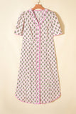 Pink Floral Print V-Neck Scallop Trim Button-Up Short Sleeve Maxi Dress