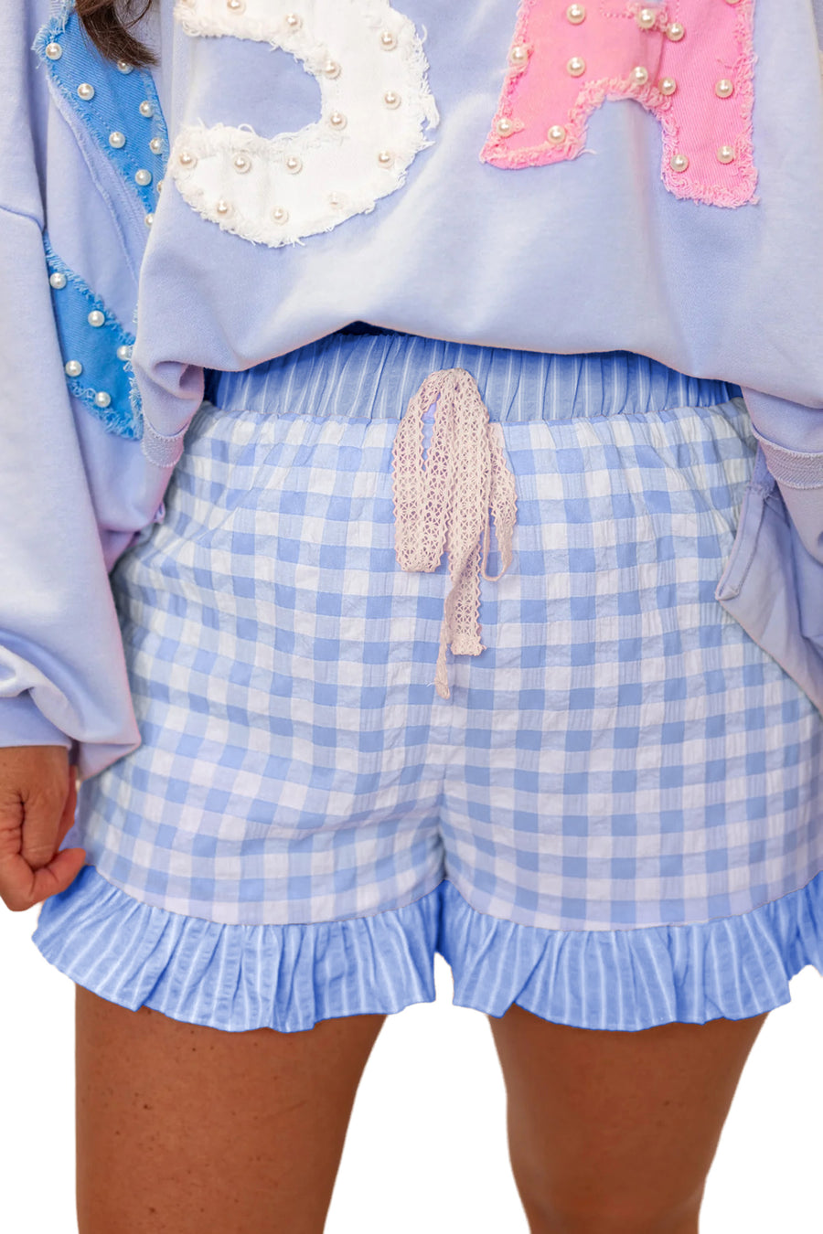 Gingham and Striped Ruffle Trim Lace Tie Shorts- 3 Colors