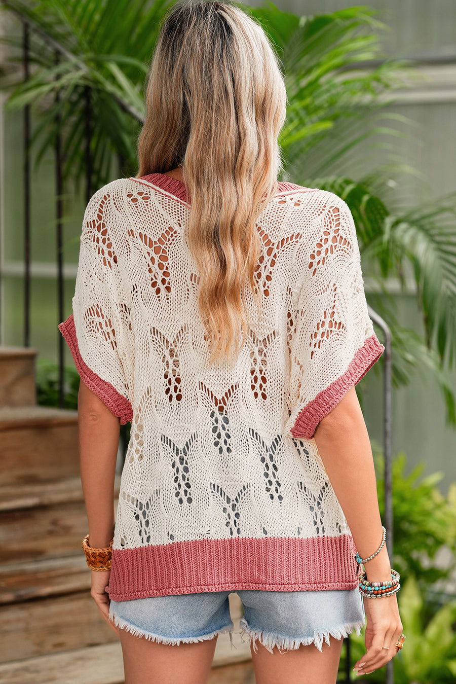 Ivory Floral Crochet Contrast Trim Knit Sweater