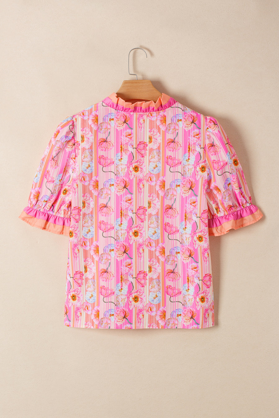Pink Poppy Floral Striped Color Block Trim V-Neck Ruffled Short Sleeve Blouse