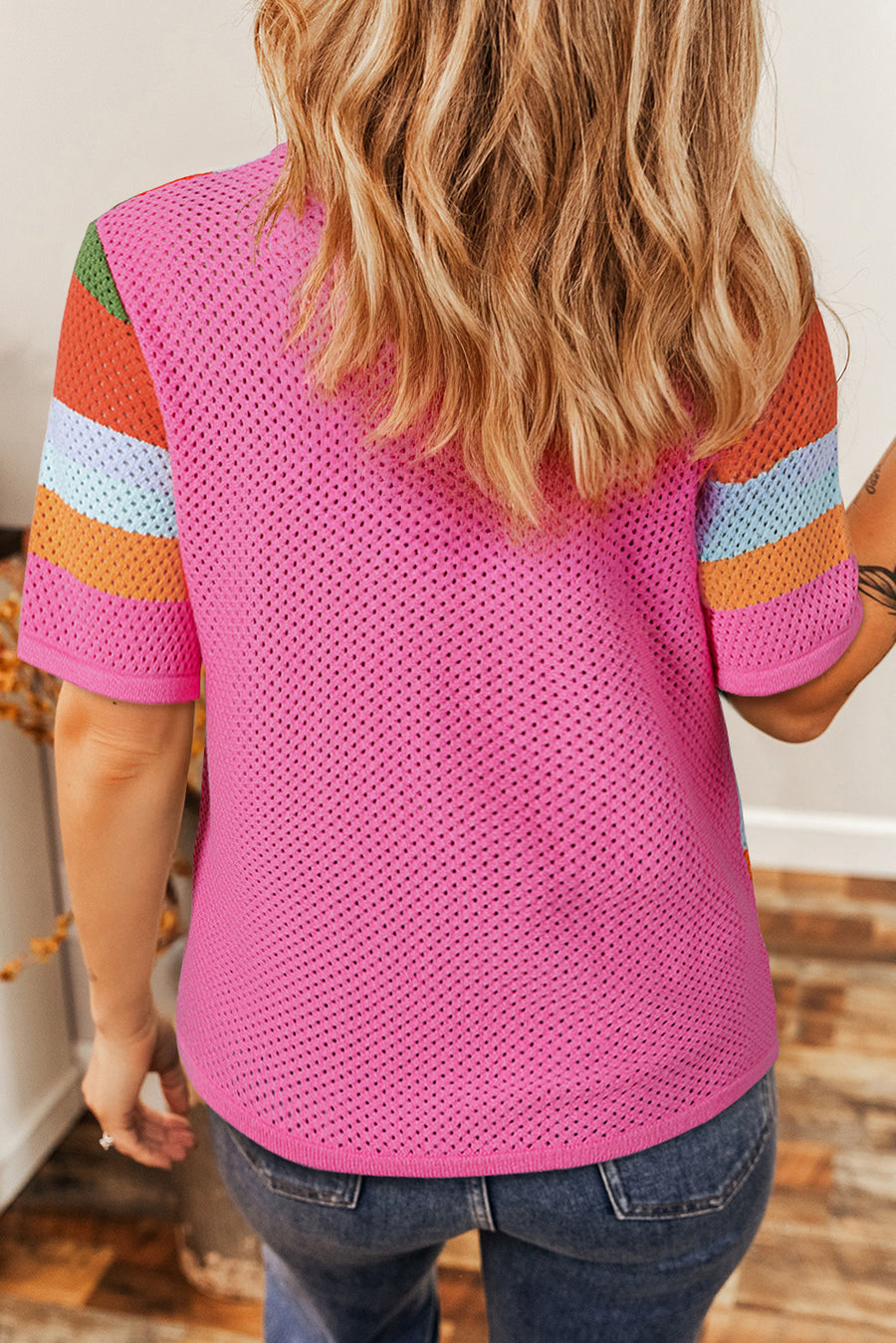 Color Block Openwork Knit T-Shirt